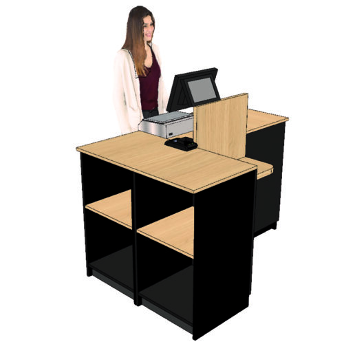 Comptoir caisse 1 poste en L (D) avec dosseret + tablette PMR (LIVRÉ MONTÉ)