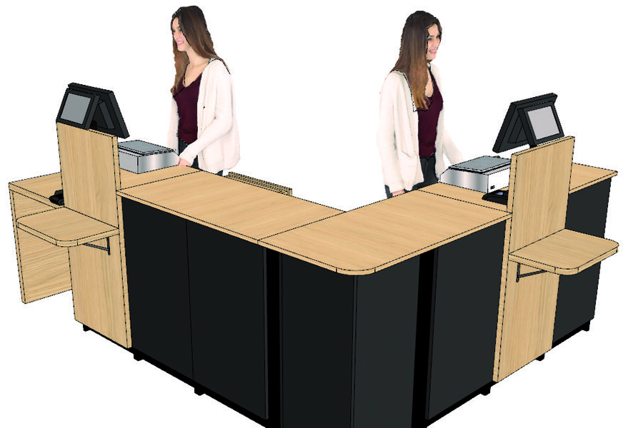 Comptoir caisse 2 postes en L avec dosseret + arche PMR droite