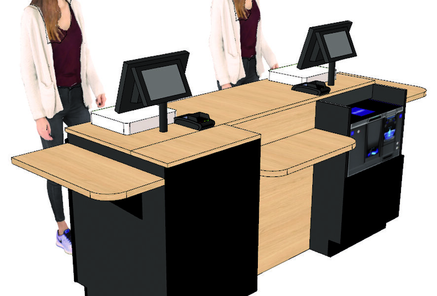 Comptoir caisse 2 postes tablette PMR+ cavité monnayeur Glory