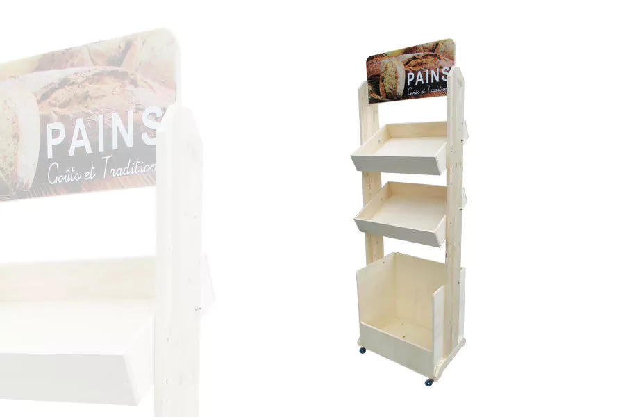 Meuble Présentoir Pain 2 casiers 1 bac Bois Clair AVEC roulettes