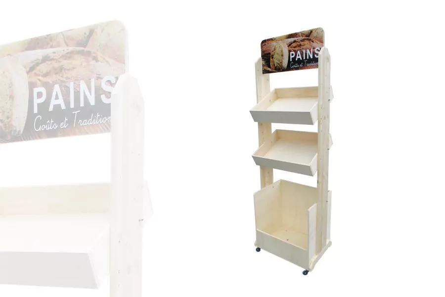 Meuble Présentoir Pain 2 casiers 1 bac Bois Clair AVEC roulettes