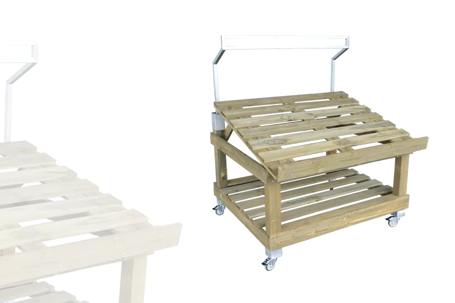 Étal Marché 1 Niveaux Bois Vieilli AVEC roulettes+ Arceau Inox