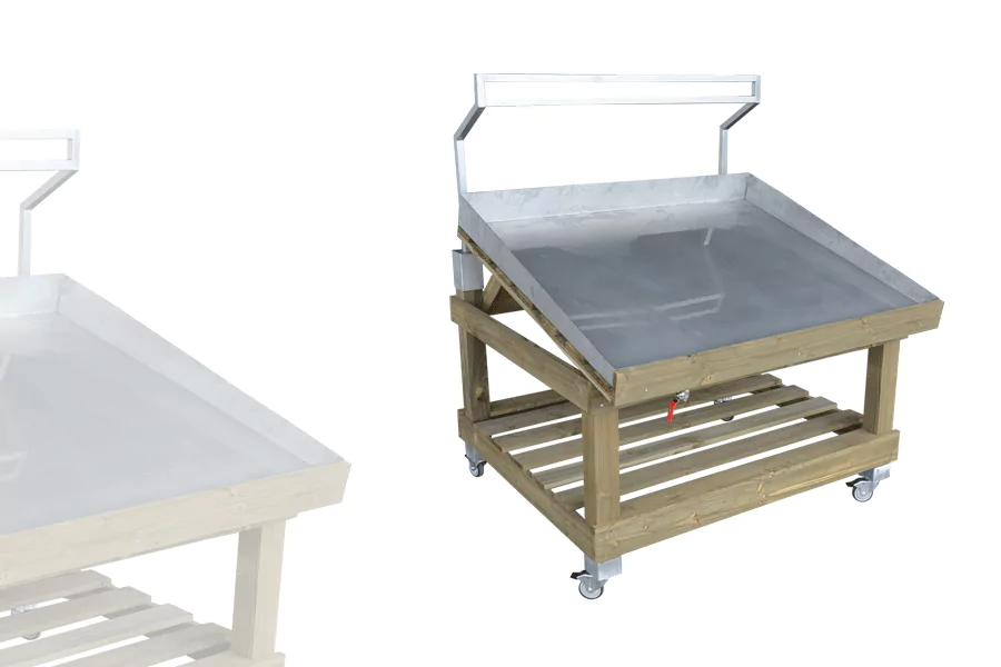 Étal Marché 1 Niveaux Bois Vieilli AVEC roulettes + Arceau + Bac inox avec robinet