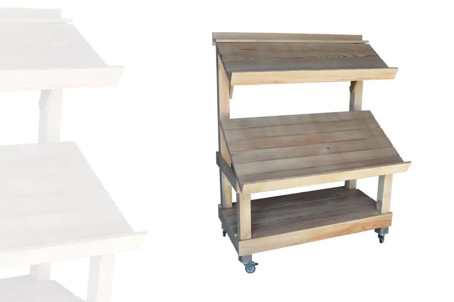 etal-marche-2-niveau-fruits-et-legumes-plateaux-leve-alv Étalage marché fruits et légumes 2 niveaux bois vieillie avec roulettes