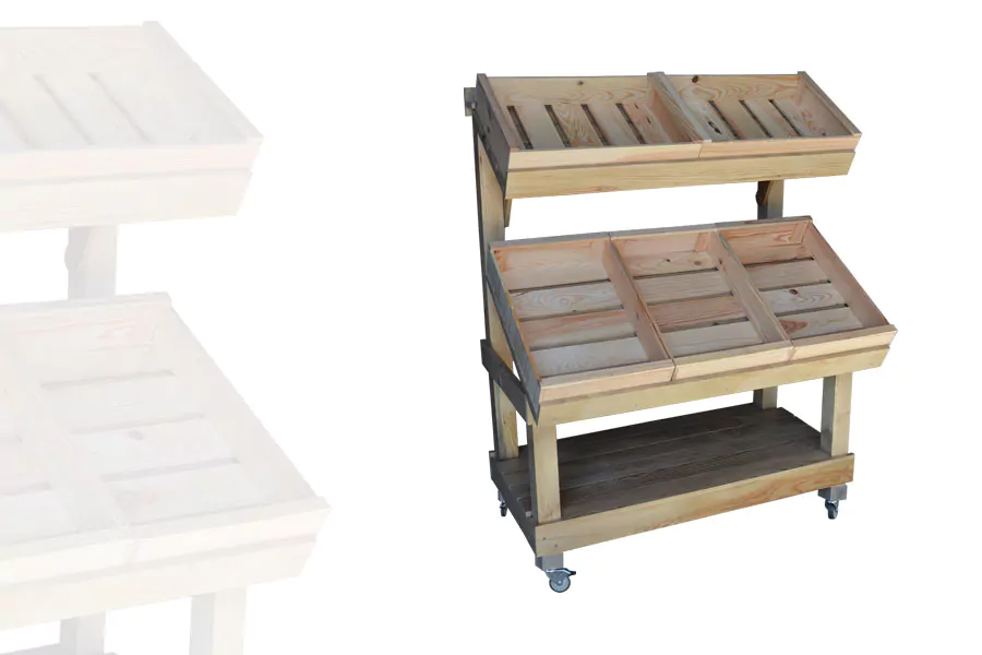 etal-marche-2-niveau-orientable-avec-caisse-1-niveau-alv Étalage marché fruits et légumes 2 niveaux bois vieillie avec roulettes et caisse 1 niveau