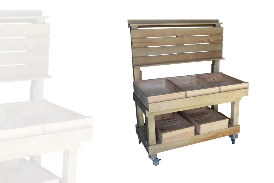etal-marche-2-niveau-orientable-avec-caisse-bois-60x40-alv Étal marché fruits et légumes 2 niveaux bois vieillie avec roulettes et caisse en bois