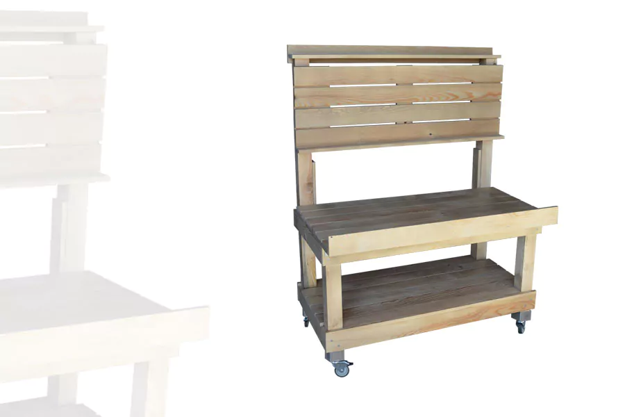 etal-marche-2-niveau-orientable-plateaux-baisse-alv Étalage marché fruits et légumes 2 niveaux plateaux orientables bois vieillie avec roulettes.