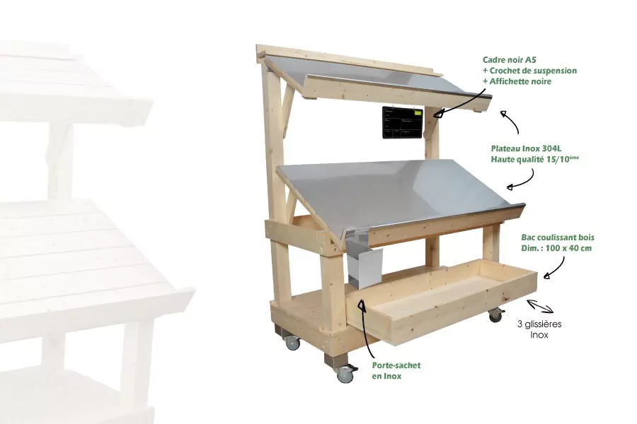 Étale marché fruits et légumes 2 niveaux bois clair avec roulette et options bac