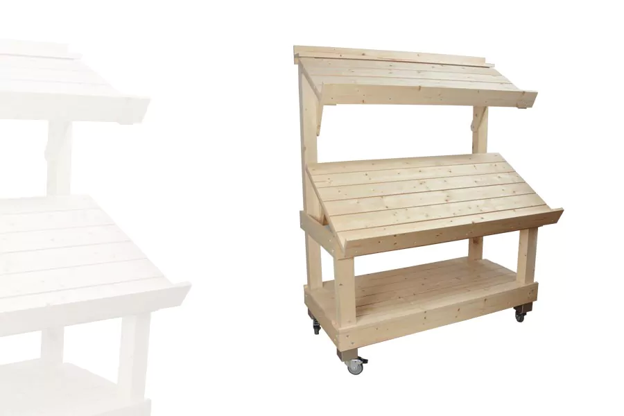 Étalage marché 2 niveaux orientable bois clair avec roulette