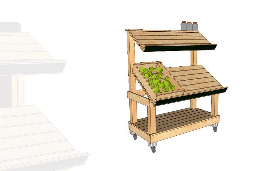 Étale marché fruits et légumes 2 niveaux bois clair avec roulette et réglettes noires