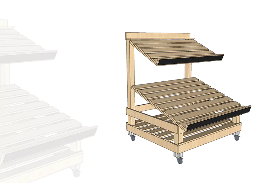 Étale marché fruits et légumes 2 niveaux surbaissé bois clair avec roulette et réglettes noires