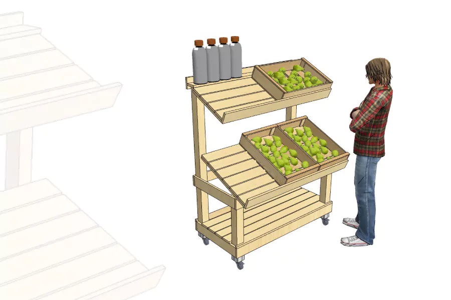 Étale marché fruits et légumes 2 niveaux bois clair avec roulettes