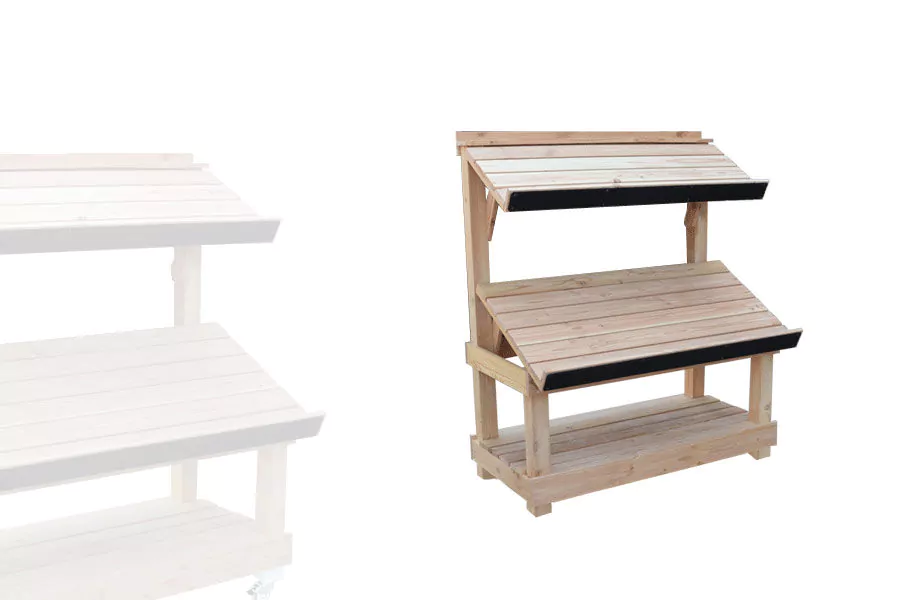 Étal marché 2 niveaux bois clair et réglettes noirs sans roulette