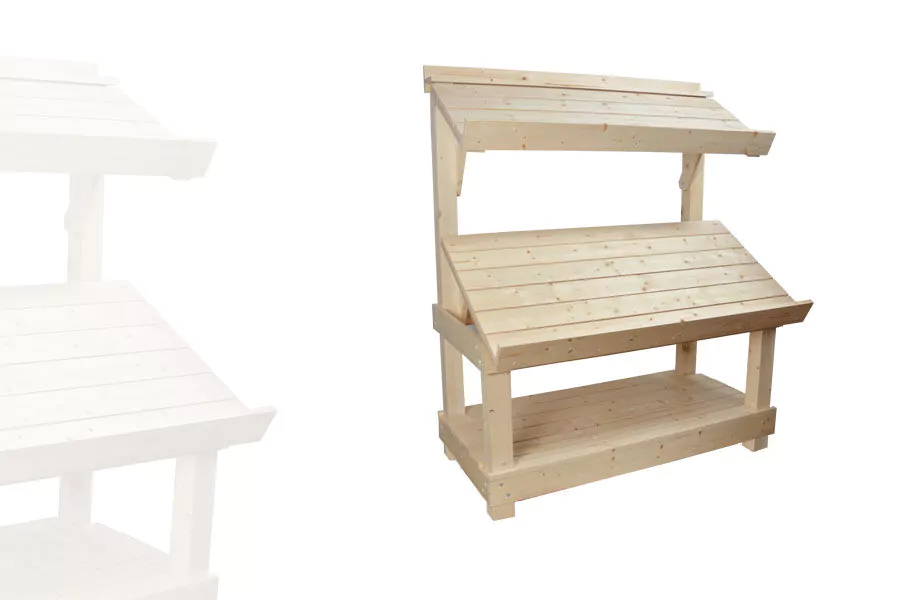 Étalage marché 2 niveaux bois clair sans roulette.