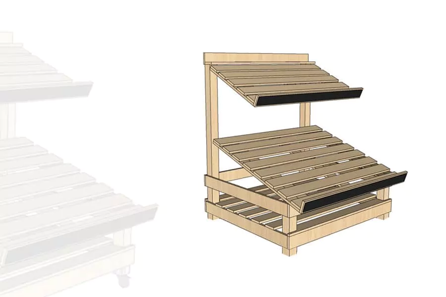 Étal marché surbaissé 2 niveaux bois clair et réglettes noirs sans roulette