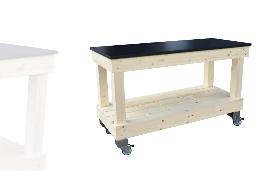 table-2-niveaux-etroite-bois-clair-et-plateau-noir-avec-roulettes-