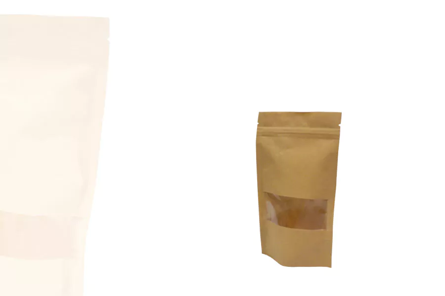 Sachet Doypack 20 x 12 x 4 cm kraft alimentaire à fenêtre avec fermeture zip et bande thermosoudable ( conditionné par 100)