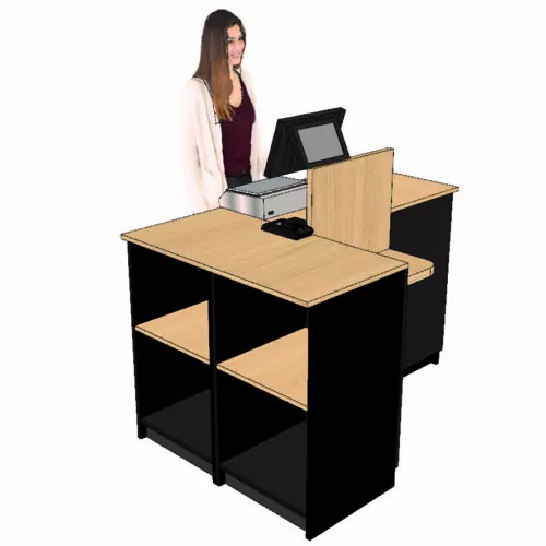 Comptoir caisse 1 poste en L (D) avec dosseret + tablette PMR (LIVRÉ MONTÉ)