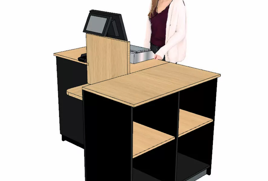 Comptoir caisse 1 poste en L (G) avec dosseret + tablette PMR (LIVRÉ MONTÉ)