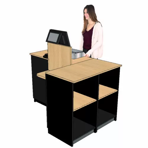 Comptoir caisse 1 poste en L (G) avec dosseret + tablette PMR (LIVRÉ MONTÉ)