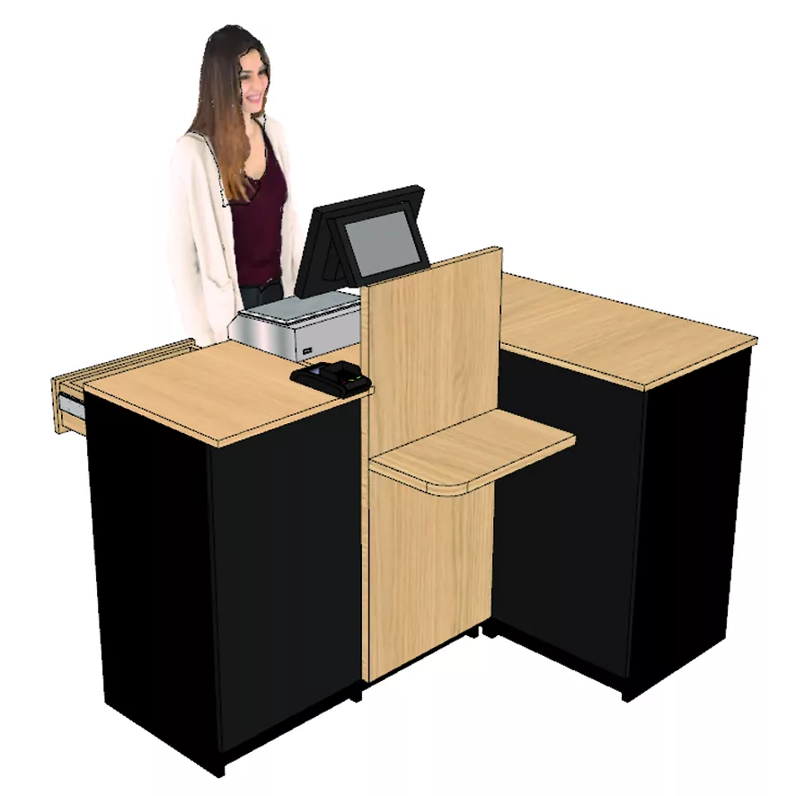 Comptoir caisse 1 poste en L (G) avec dosseret + tablette PMR (LIVRÉ MONTÉ) – Image 2