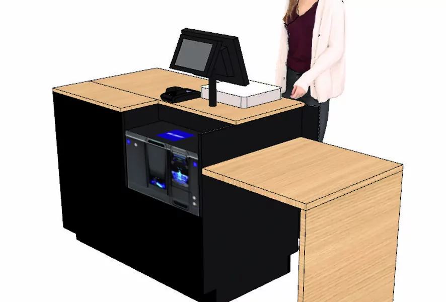 Comptoir caisse 1 poste avec cavité monnayeur + arche PMR à gauche