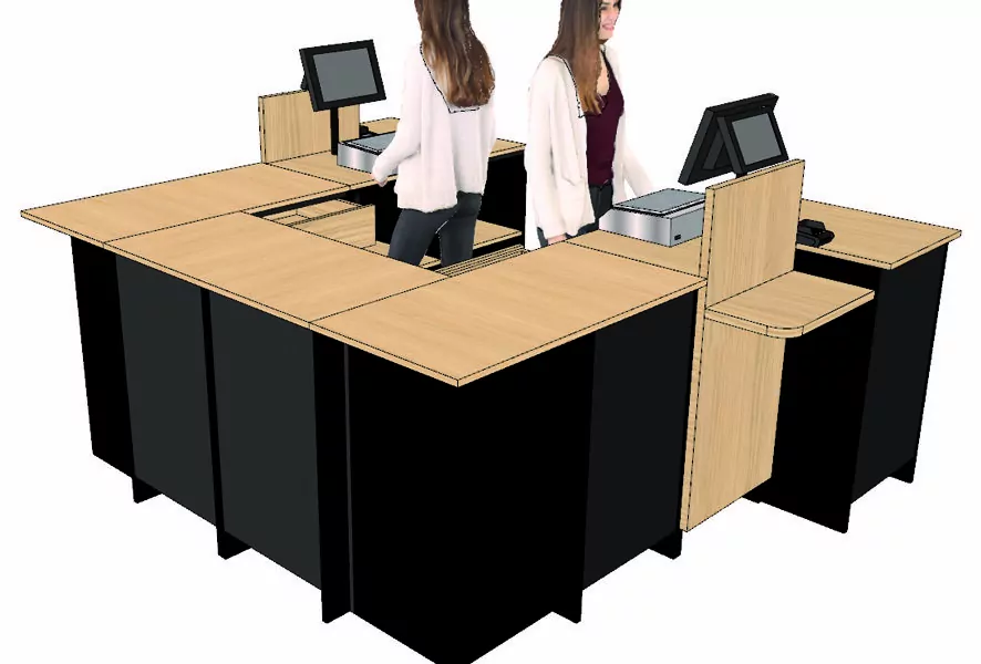 Comptoir caisse 2 postes en U dosseret PMR+ tiroir sur galet (LIVRÉ MONTÉ)