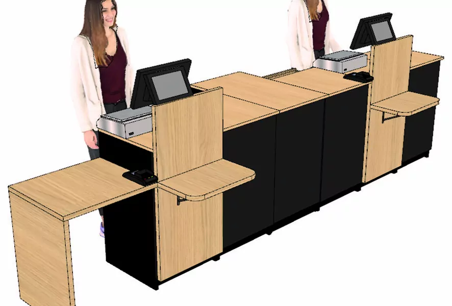 Comptoir caisse 2 postes avec dosseret PMR + arche PMR droite