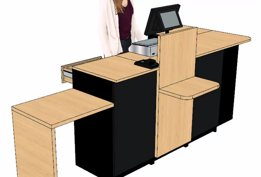 Comptoir caisse 1 poste avec retour (G) dosseret + arche PMR (D)