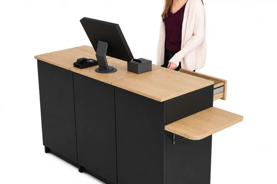Comptoir caisse 1 poste 3 modules avec tablette PMR (G) + tiroir ( LIVRÉ MONTÉ )