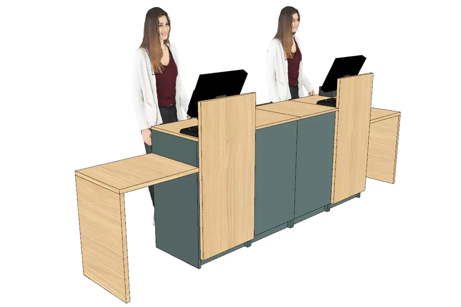 Comptoir caisse 2 postes avec dosseret + double arche PMR (livré monté)