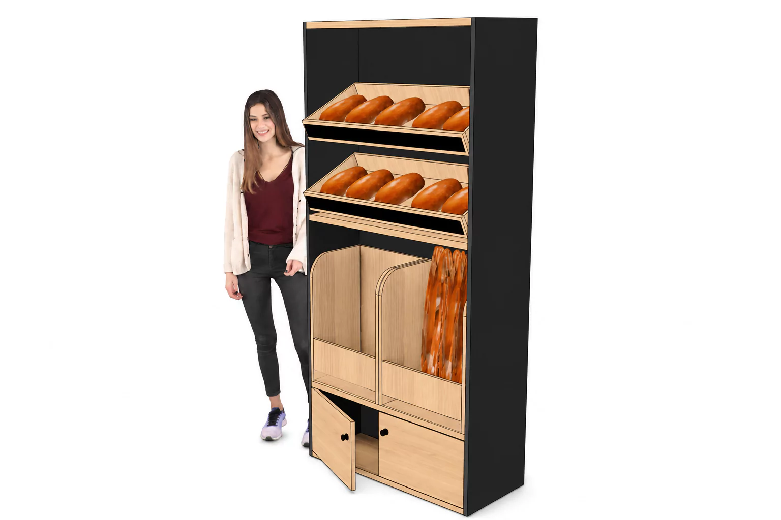 Armoire boulangerie noire avec bac à pain et portes battantes (LIVRÉ MONTÉ)